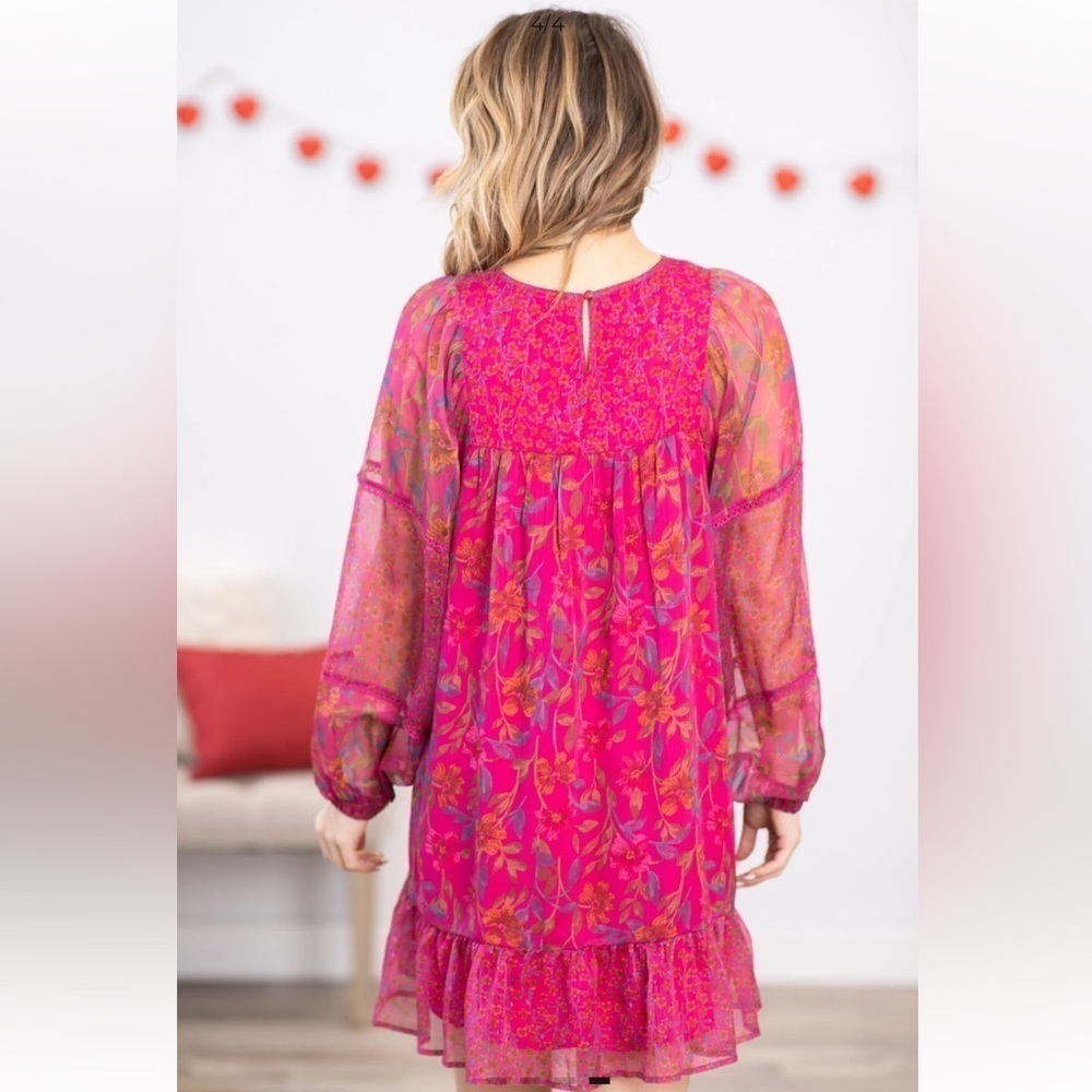 Hailey & Co Floral Boho Style Hot Pink  Long Sleeve Dress Size Medium - Picture 2 of 12
